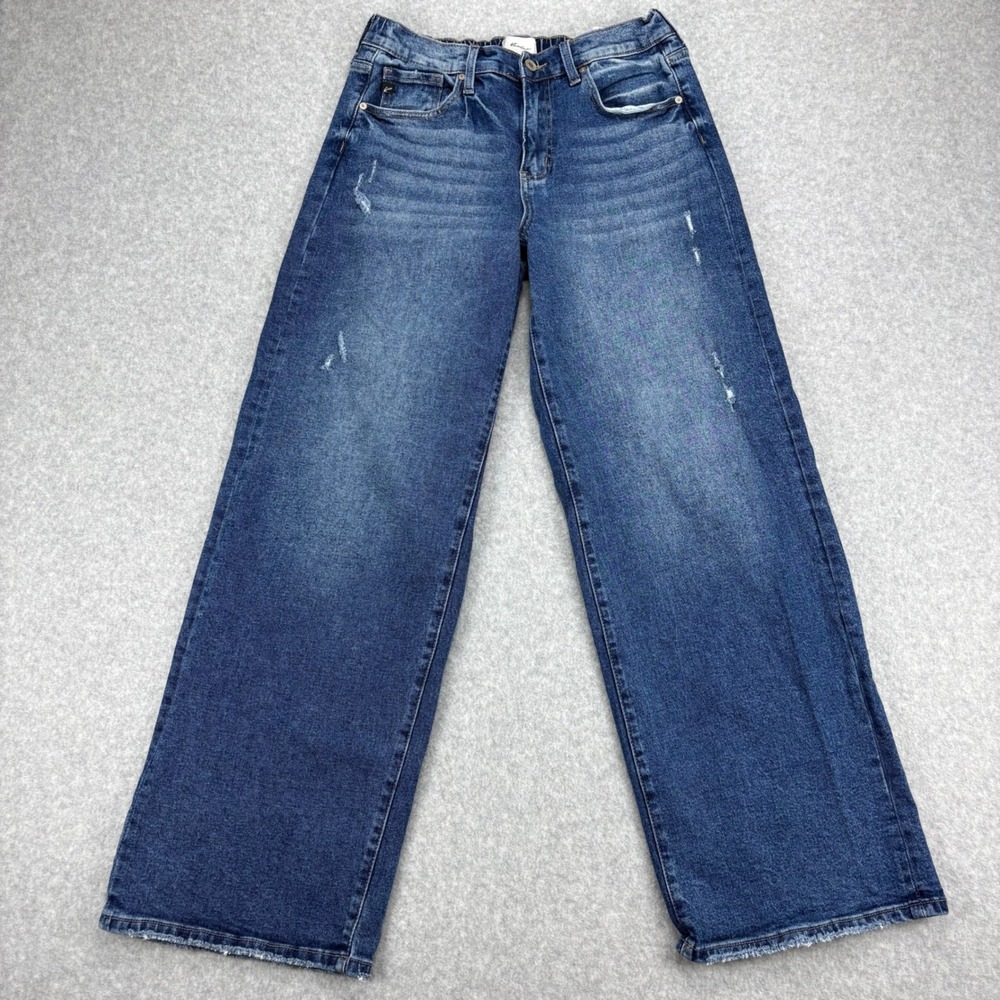 KanCan Women's Wide Leg Flare Jeans - Dark Blue Distressed
